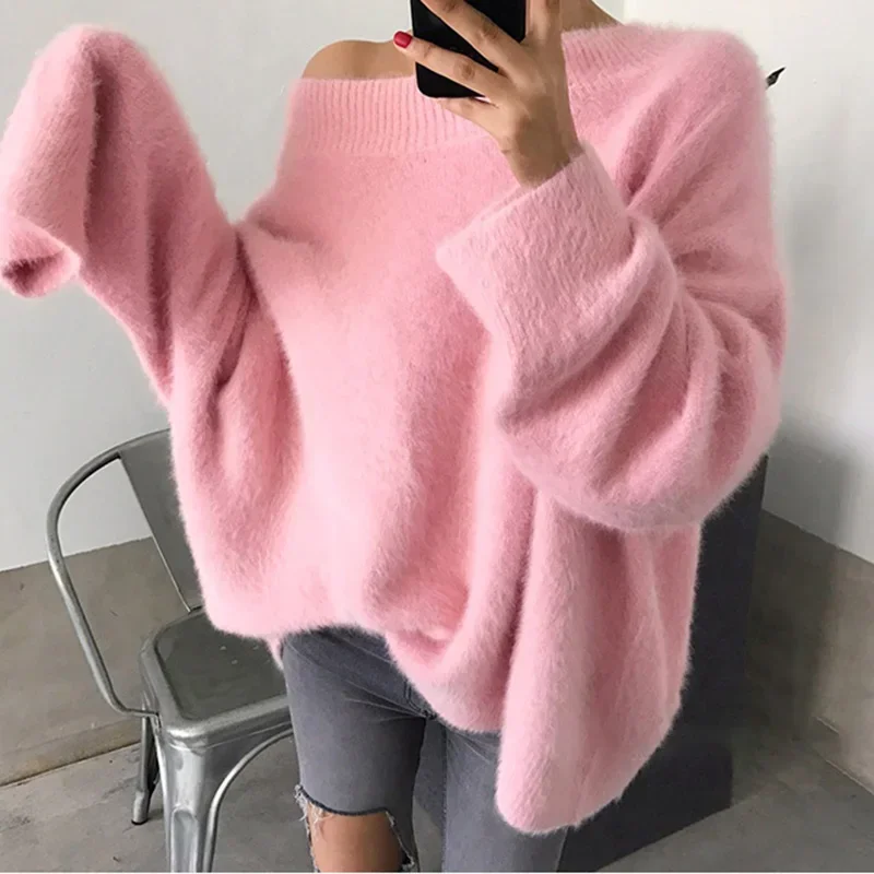 

Sexy Fake Mink Cashmere Sweaters Women Autumn Winter Pink Jumper Korean Slash Neck Loose Tops Off Shoulder Oversized Pullover