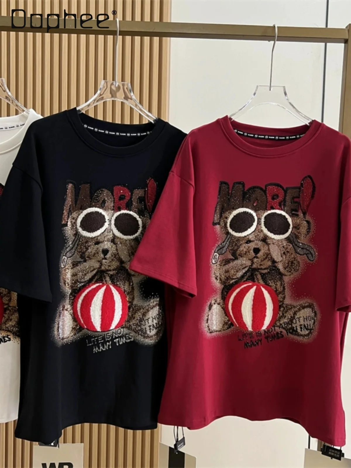 

Loose Cartoon Bear Thickened Hot Drilling Brushed Cotton Short-Sleeved T-shirt Women Autumn and Winter Round Neck Pullover Top