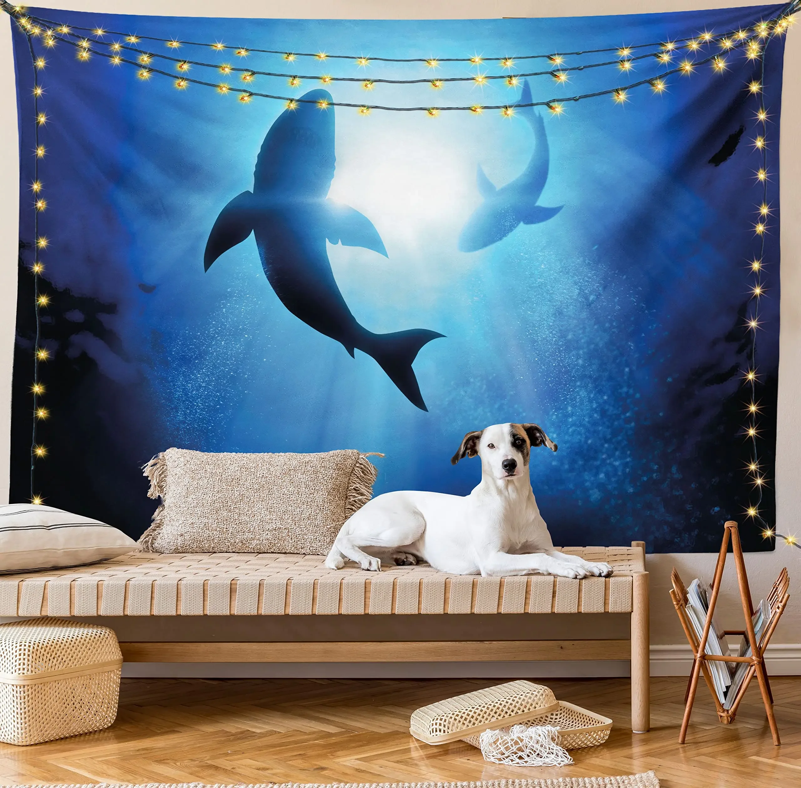 

Shark Tapestry,Underwater World Fish Silhouettes Circling In The Sea Surreal Ocean Life Wall Hanging for Bedroom Livingroom Dorm