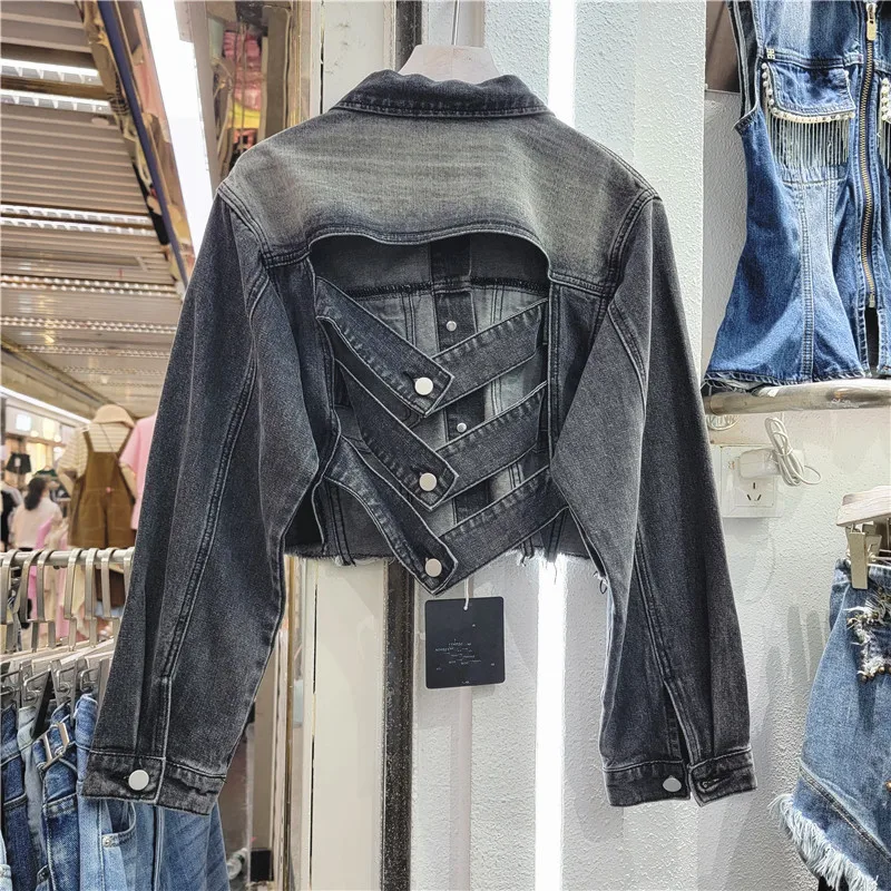 

Vintage Slim Short Denim Jacket Women Black Hem Frayed Cowboy Outerwear Korean Back Hollow Out Big Pocket Jeans Jacket Female