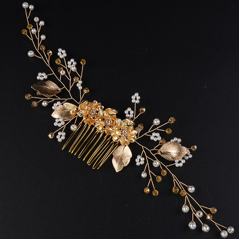 Gold Crystal Rhinestone Flower Leaf Wedding Hair Comb Headband Handmade Pearl Bridal Headdress Party Hair Accessories Headpieces 10 S4eb6cd7a3a86443eaed4847143be9d73H