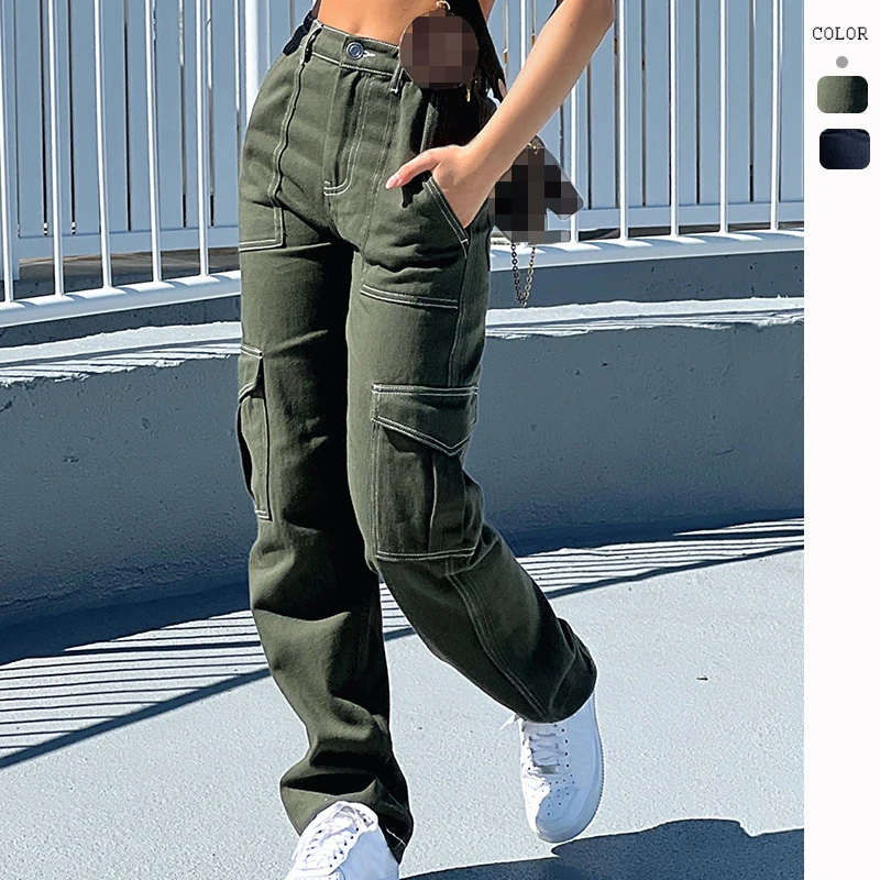 

Army Green High Waist Straight Leg Pants Women Autumn Fashion Big Pockets Splice Cargo Pants Femme Casual Loose Black Trousers