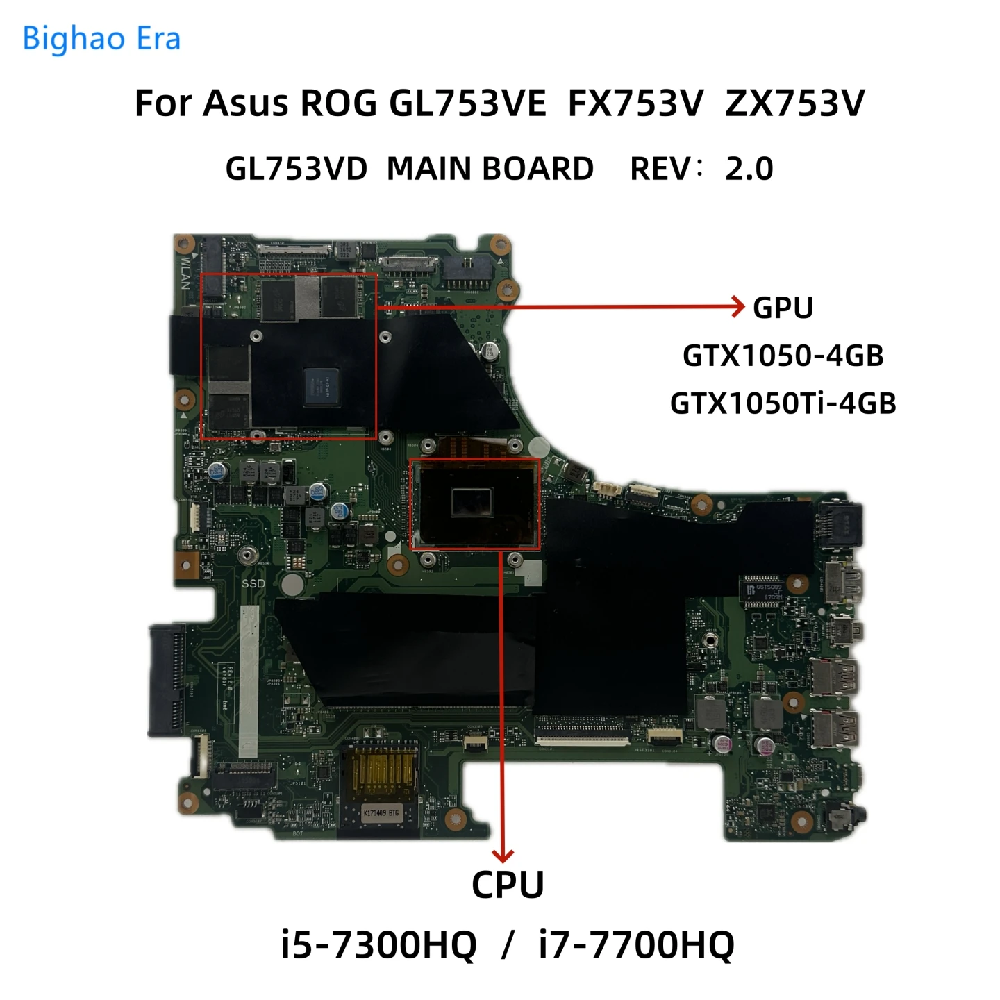 

For Asus ROG FX753V ZX753V GL753VD GL753VE Laptop Motherboard With i5-7300HQ i7-7700HQ CPU GTX1050 GTX1050Ti 4GB Video Card DDR4