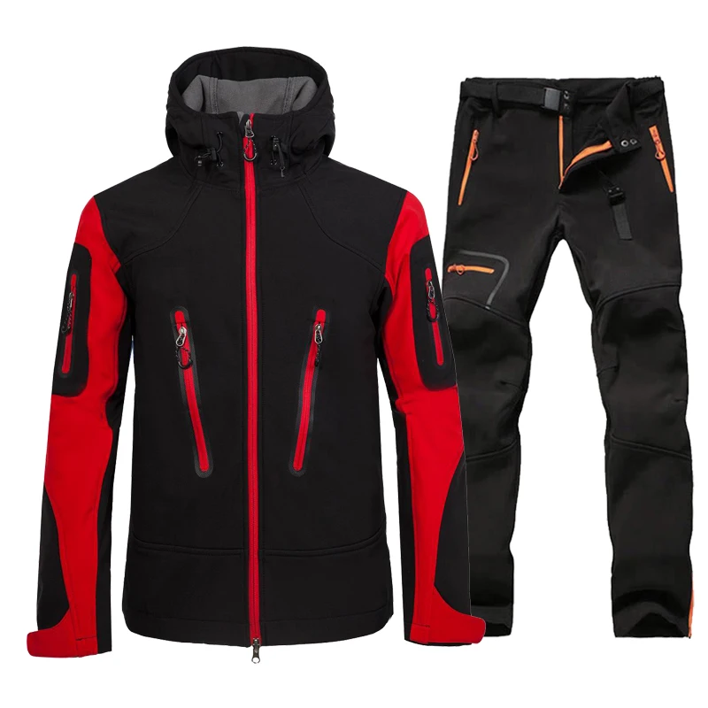 

Hiking Suit Men Waterproof Warm Softshell Jacket And Pants Outdoor Trekking Camping Hooded Fleece Jacket Windproof Ski Trousers