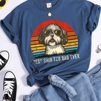Camiseta Feminina de Alta Qualidade: Elegância Bordada para o Verão 7 Best Shih Tzu Dad Ever Kawaii Female Tshirts Breathable Casual T-Shirts Fashion Summer Crop Top Cartoon S-Xxxl Womens T-Shirt