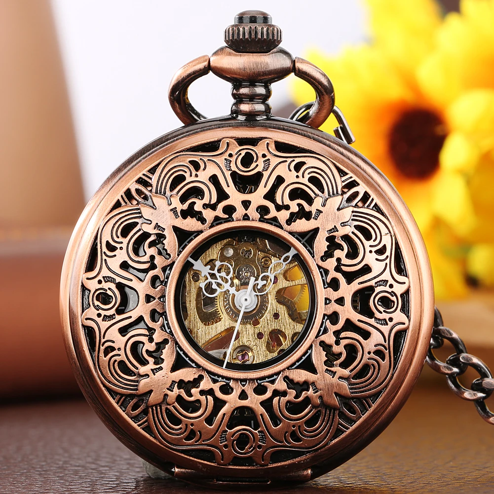 

Mechanical Hand Winding Pocket Watch Men Gift Rose Gold Hollow Patterned Roman Numerals Dial Luxury Antique Fob Chain Timepiece