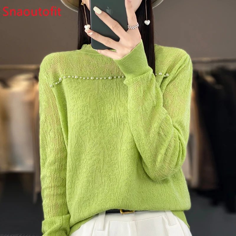 

Spring and Summer Thin Lace O-neck Wool Knitting Sweater Women's Loose Nailed Beaded Hook Fower Hollowed Out Pullover Chic Top