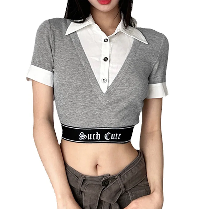 Women's 2023 Spring Style Contrast Lapel Shirt Paneled Short Sleeve Top Letter Embroidered Webbing Fake Two Short T-shirt 
Women's 2023 Spring Style Contrast Lapel Shirt Paneled Short Sleeve Top Letter Embroidered Webbing Fake Two Short T-shirt