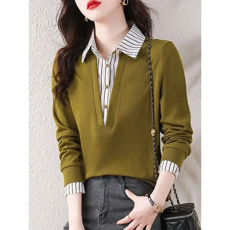 

Модная полосатая блузка с лацканами и пуговицами, имитация двух предметов, женская одежда, новые весенние повседневные пуловеры, Офисная Женская рубашка X810