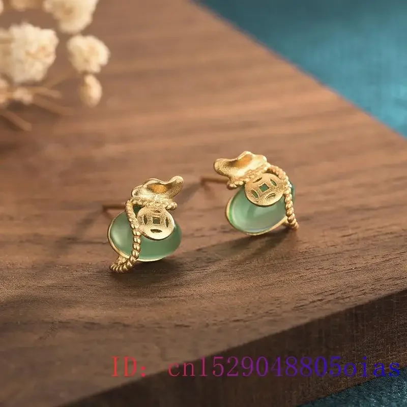 

Green Jade Ear studs Jewelry Fashion 925 Silver Gemstone Chalcedony Gifts Zircon Amulet Natural Earrings Women Crystal