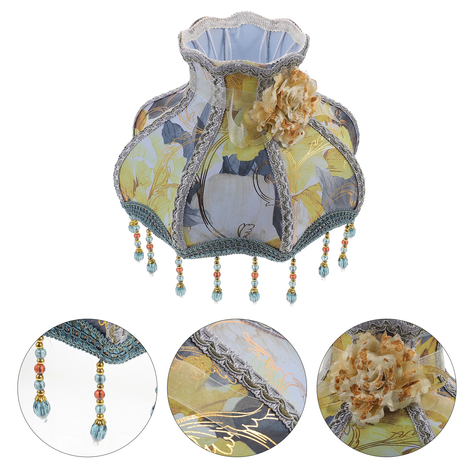 

European Style Lampshade Vintage Cloth Fringe Bead Lamp Shade Beads Tassel Fabric Flower Scallop Dome Light Living
