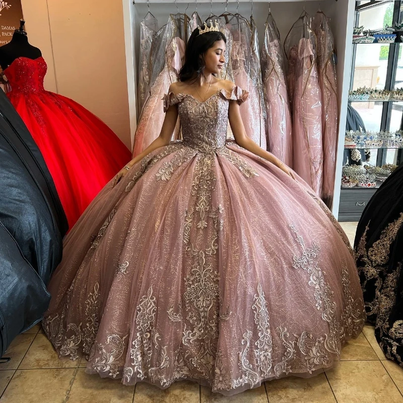 

Loves Sparkly Ball Gown Quinceanera Dresses Off The Shouler Appliques Lace Beading Sweet 16 Dress Vestidos XV Años Princess New