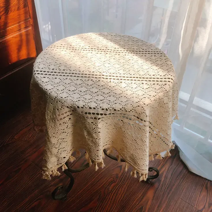 

Crochet Lace Hollowed Out Tablecloth Bedside Table TV Refrigerator Decorative Cover Off White Fringe Edge Square Tabletop Cloth