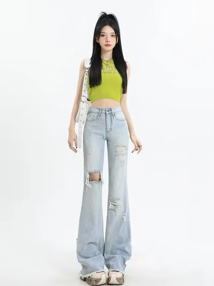 

Women's Jeans With Torn Holes, Rough Edges, Micro Flared Jeans, Women's New High Waisted Straight Tube Loose Wide Leg Pants
