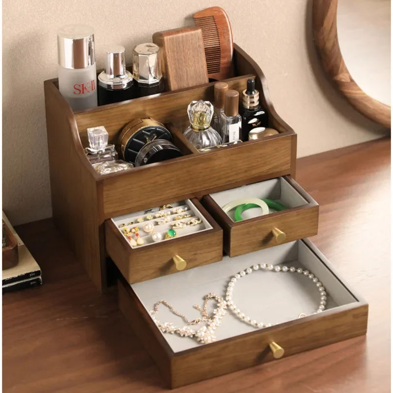 

Black Walnut Makeup Organizer High End Exquisite Jewelry Box Multi-Compartment Drawer Storage Box Plush Inner Makeup Cases