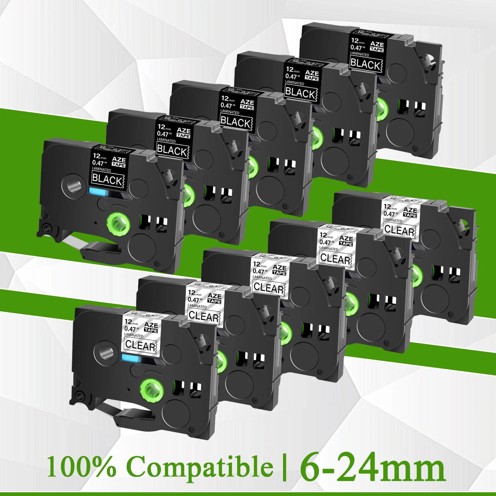 

10Pcs White on Black+Black on Clear 6-24mm Label Tapes Compaible for Brother TZE-131 TZ 141 335 345 355 151 for P-Touch Printers