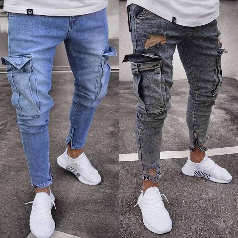 

Mens Stretchy Skinny Ripped Jeans Men Side Pocket Washed Slim Denim Pants Biker Jeans Fashion Sweatpants Hip Hop Trousers Jogger