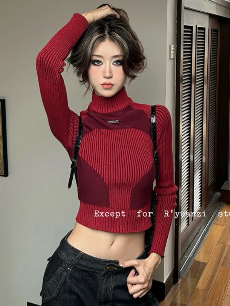 

Deeptown 90s Vintage Red Cropped Sweater Women Harajuku Grunge Turtleneck Knitted Jumper Korean Contrast Knitwear Tops Techwear