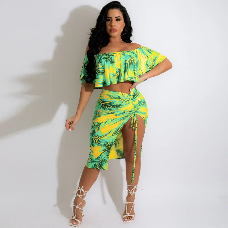 WUHE Ruffles Strapless Print Women Set Bandage Slash Neck Crop Tops Split Drawstring Midi Dress Set Summer Beach Outfits
WUHE Ruffles Strapless Print Women Set Bandage Slash Neck Crop Tops Split Drawstring Midi Dress Set Summer Beach Outfits