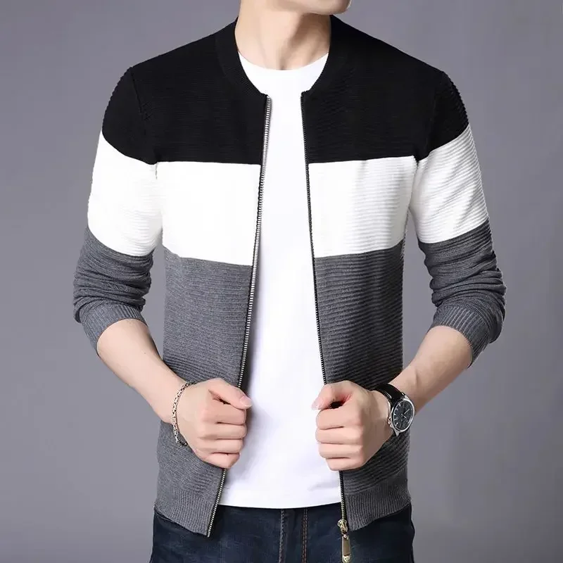 

Men's Clothing Spliced Knit Sweater Male Cropped Cardigan Short No Hoodie Black Zip-up Zipper Over Fit Fashion 2023 Sweatshirts