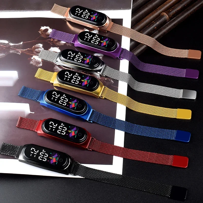 Montre-bracelet de luxe en acier inoxydable pour femme, montres électroniques à LED, montre de sport étanche pour femme, structure magnétique 3