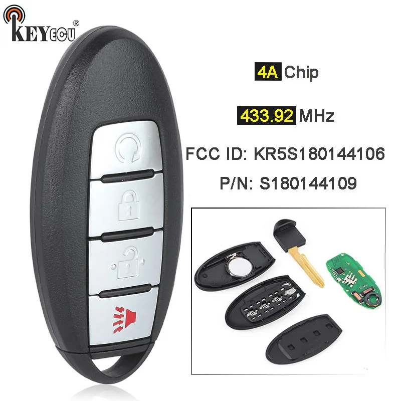 

KEYECU 433,92 МГц 4A чип FCC lD: KR5S180144106 Continental: S180144109 дистанционный смарт ключ-брелок 4 кнопки для Nissan Rogue 2017 2018