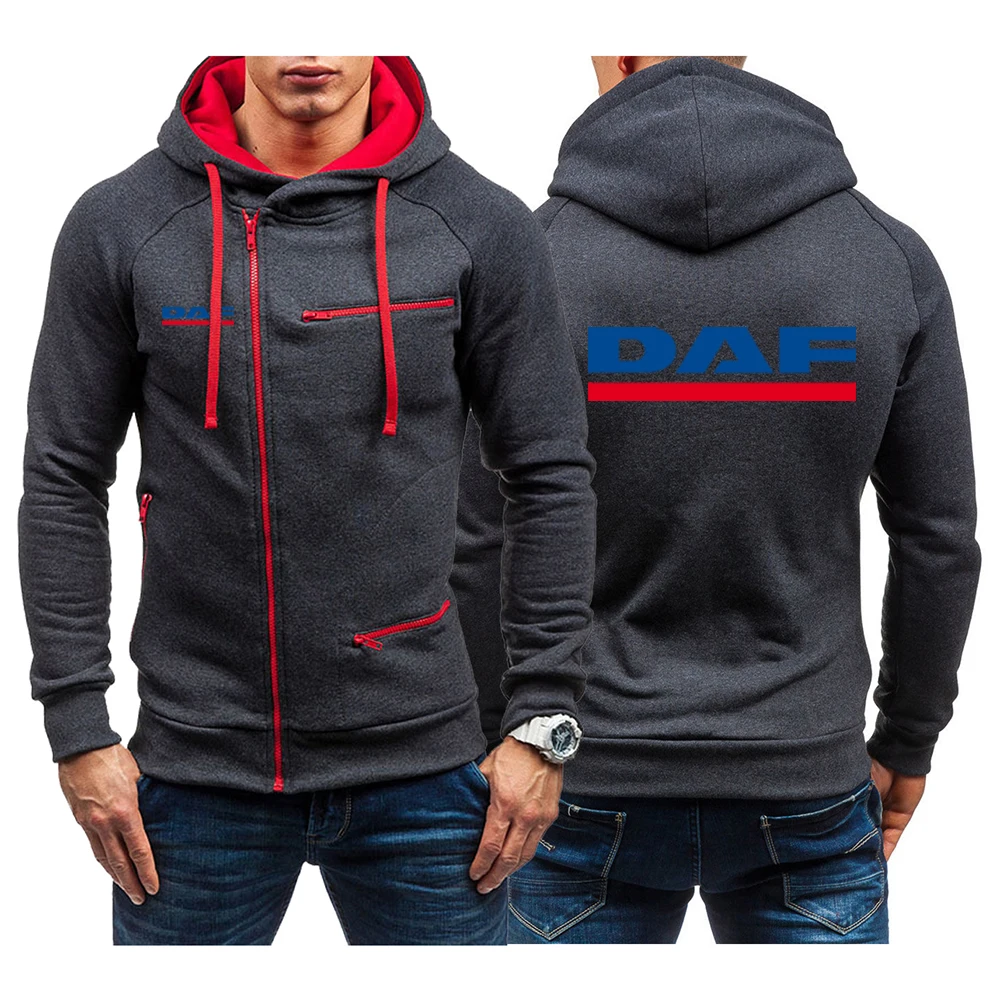 

2023 DAF TRUCKS COMPANY TRUCKER LOGO Men's New Solid Color Diagonal Zip Hooded Long Sleeves Hoodies Casual Jacket Pullover Tops