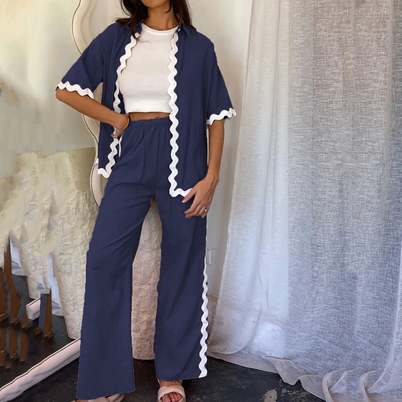 Casual Striped Wave Women's Two Piece Sets 2024 Summer Short Sleeved Shirt and Long Pants Loose Suit Fashion Thin Beach Outfits
Casual Striped Wave Women's Two Piece Sets 2024 Summer Short Sleeved Shirt and Long Pants Loose Suit Fashion Thin Beach Outfits