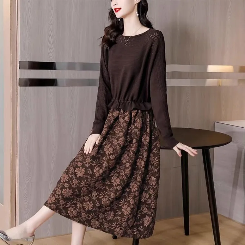 

Spring/autumn Women's Pullover Round Neck Floral Printing Hollow Out Patchwork Shirring Lantern Long Sleeve Casual Dresses