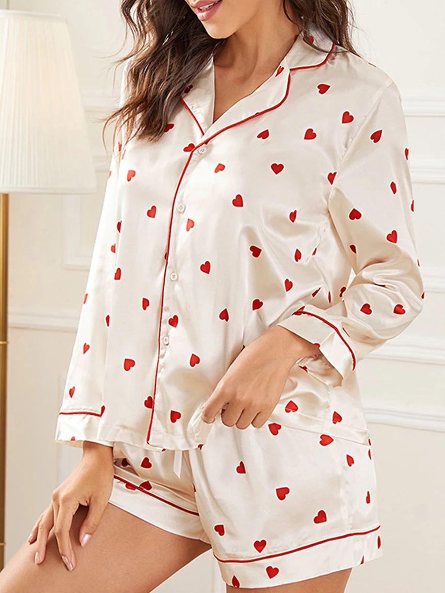 

Women's Casual Pajama Sets Fashion Heart Print Long Sleeve Button Closure Shirt with Shorts Sleepwear Loungewear Homewear