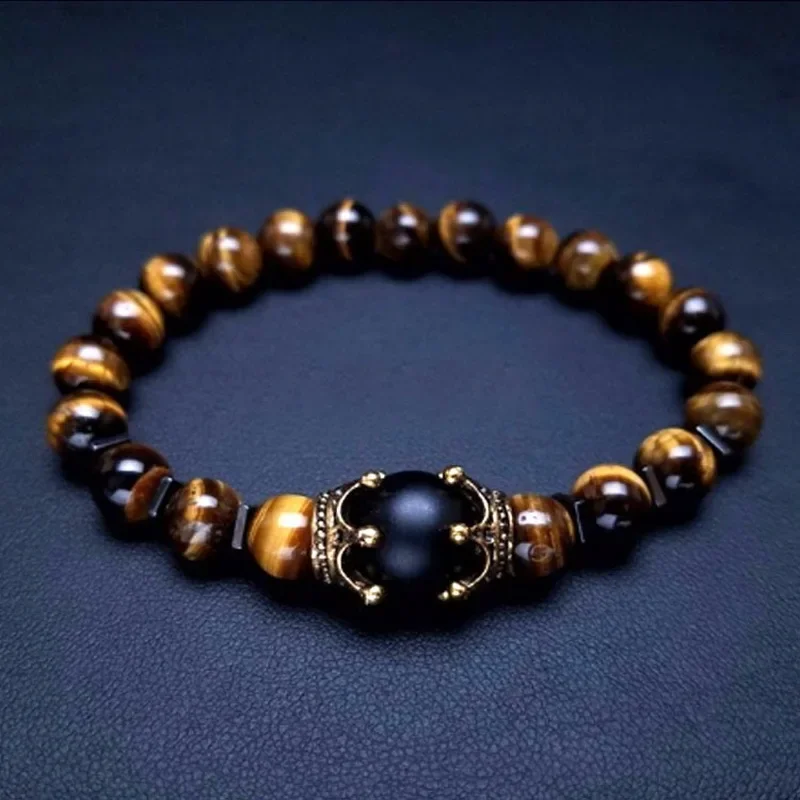 

*Natural Stone Bead Bracelets for Men Fashion Luxury Antique Crown Mate Beads Tiger Eye Stone Handmade Beaded Bracelets Jewelry