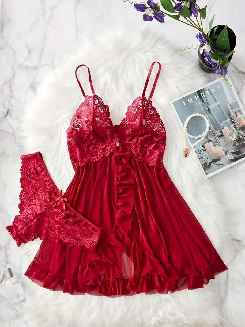 Chemise de nuit en dentelle sexy pour femmes, chemise de nuit avec nœud, vêtements de nuit, mini robe, col en V, slip complet, nuisette, lingerie, vêtements de nuit et robes 1
