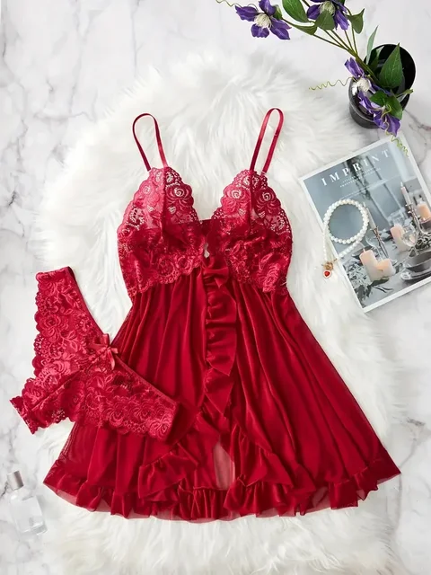 Chemise de nuit en dentelle sexy pour femmes, chemise de nuit avec nœud, vêtements de nuit, mini robe, col en V, slip complet, nuisette, lingerie, vêtements de nuit et robes 1