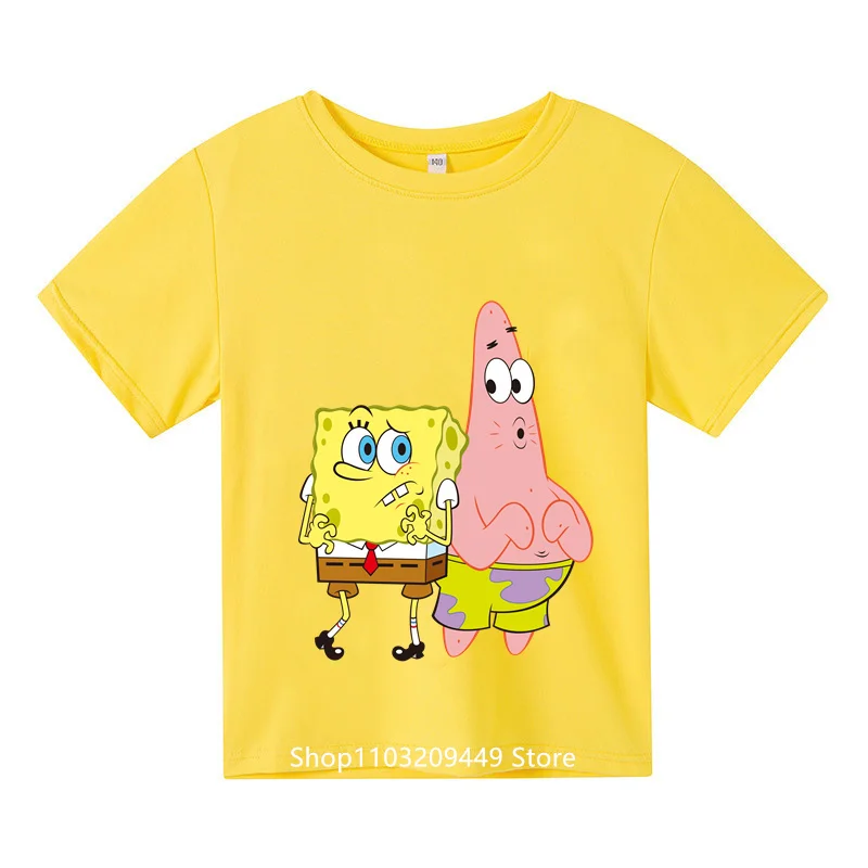 

2024 Kids Summer Cotton Trend T-shirt Cartoon SpongeBob SquarePants Kids Fashion short-sleeved sweatshirt Boys girls top