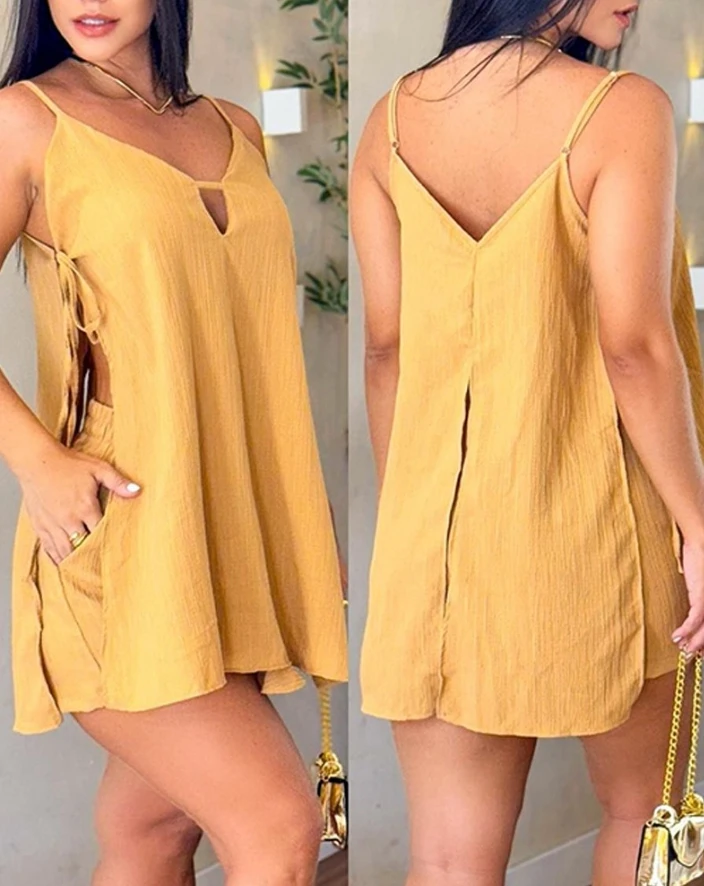 

Women Vacation Suit 2024 Summer Latest Sexy Spaghetti Strap Tied Detail Slit Cami Top&hollow Out Pocket Design Beach Shorts Set
