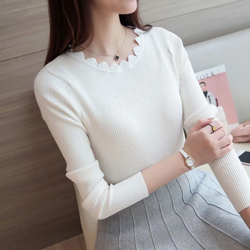 

Spring and Autumn Women's Pullover Round Neck Screw Thread Solid Long Sleeve Sweater Knitted Slim Underlay Fashion Casual Tops