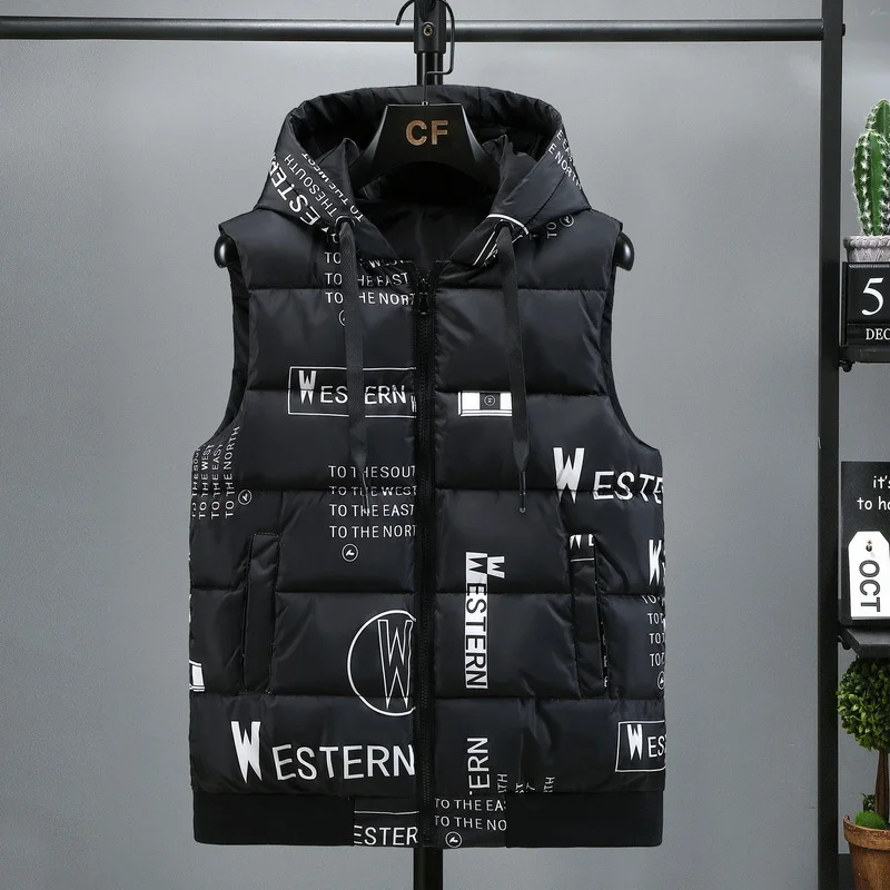 

#3619 Black Grey White Letters Printed Sleeveless Jacket Men With Hooded Slim Casual Warm Down Vest Men Zipper Outerwear Vest