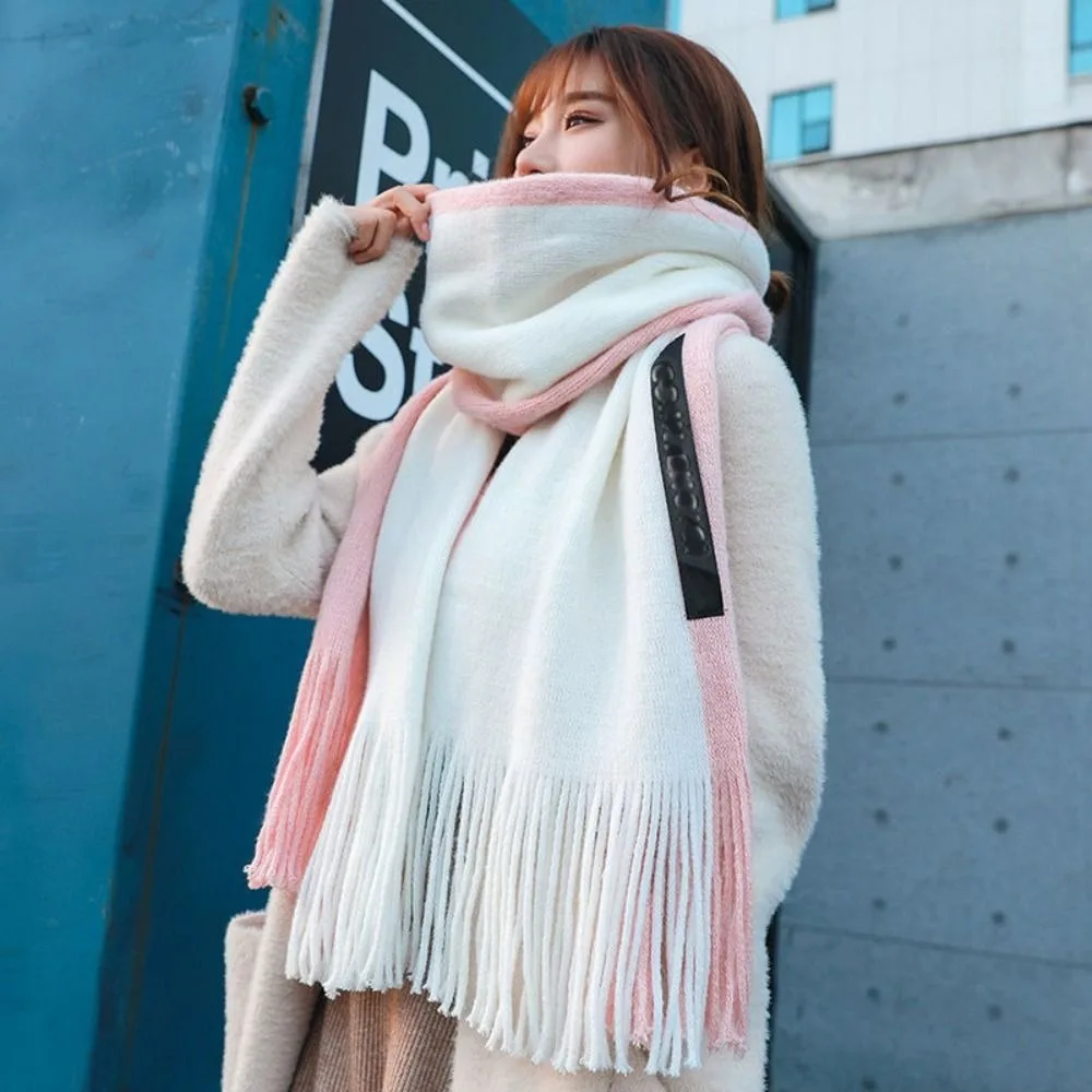 

Warm Women Scarf Pashmina Winter Soft Long Fringe Scarves Contrast Color Thickened Cashmere Shawls Girls