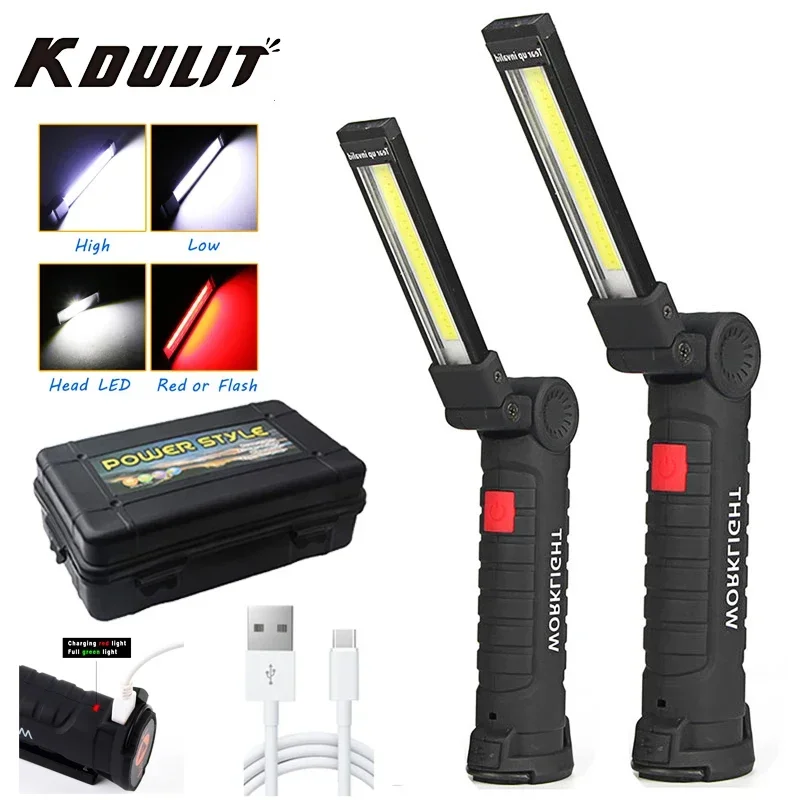 

KDULIT 5 Modes LED Flashlight Built In Battery Lantern Multi Function 360° Folding Work Light USB Rechargeable COB Camping Torch