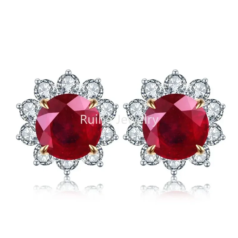 

Ruihe New 18k Gold A Pair 3.35ct Natural Filled Ruby with Moissanite Earrings Fashion Jewelry for Women Engagementring Christmas