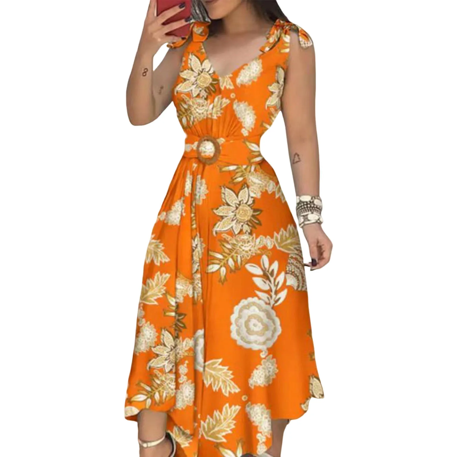 Women's Floral Printed Sleeveless Dress Lacing V Neck Soft Breathable Dress for Daily Wear Shopping Work
Women's Floral Printed Sleeveless Dress Lacing V Neck Soft Breathable Dress for Daily Wear Shopping Work