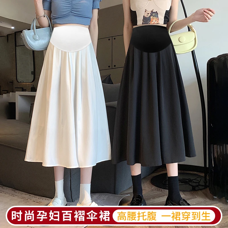 

Pleated A Line Drappy OL Youth Maternity Skirts Elastic Waist Belly A Line Clothes for Pregnant Women Summer Casual Pregnancy
