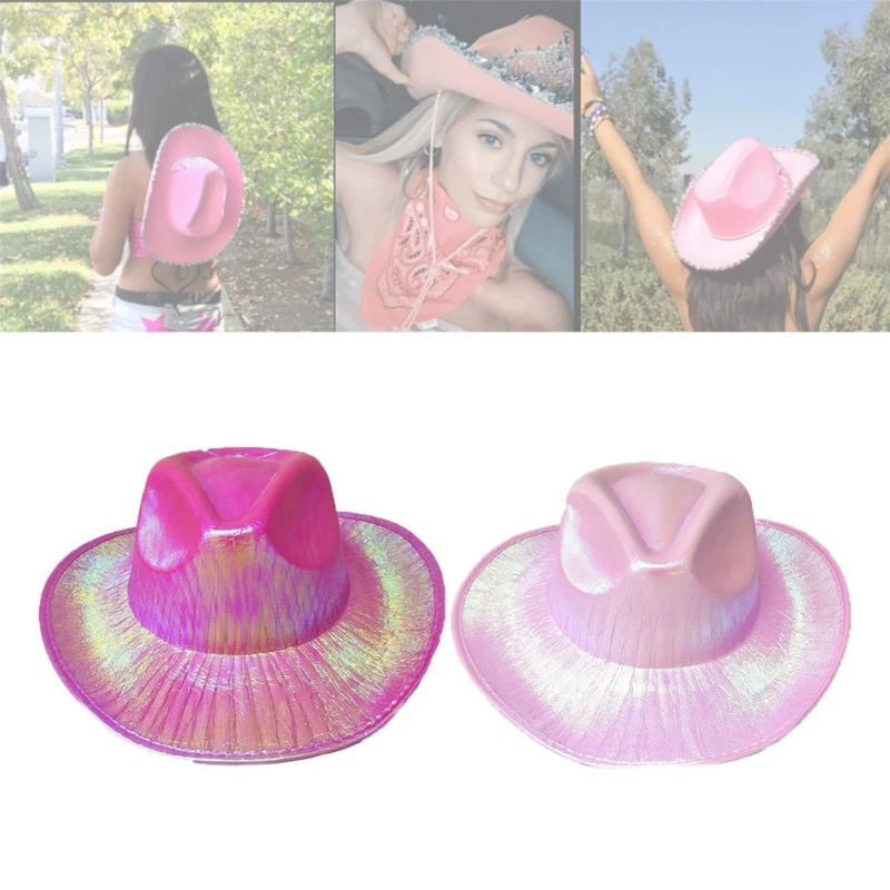 

Neon Sparkly Glitter Space Cowboy Hat Fun Metallic Party Disco Dress Up Cowboy Hat Pink Glitter