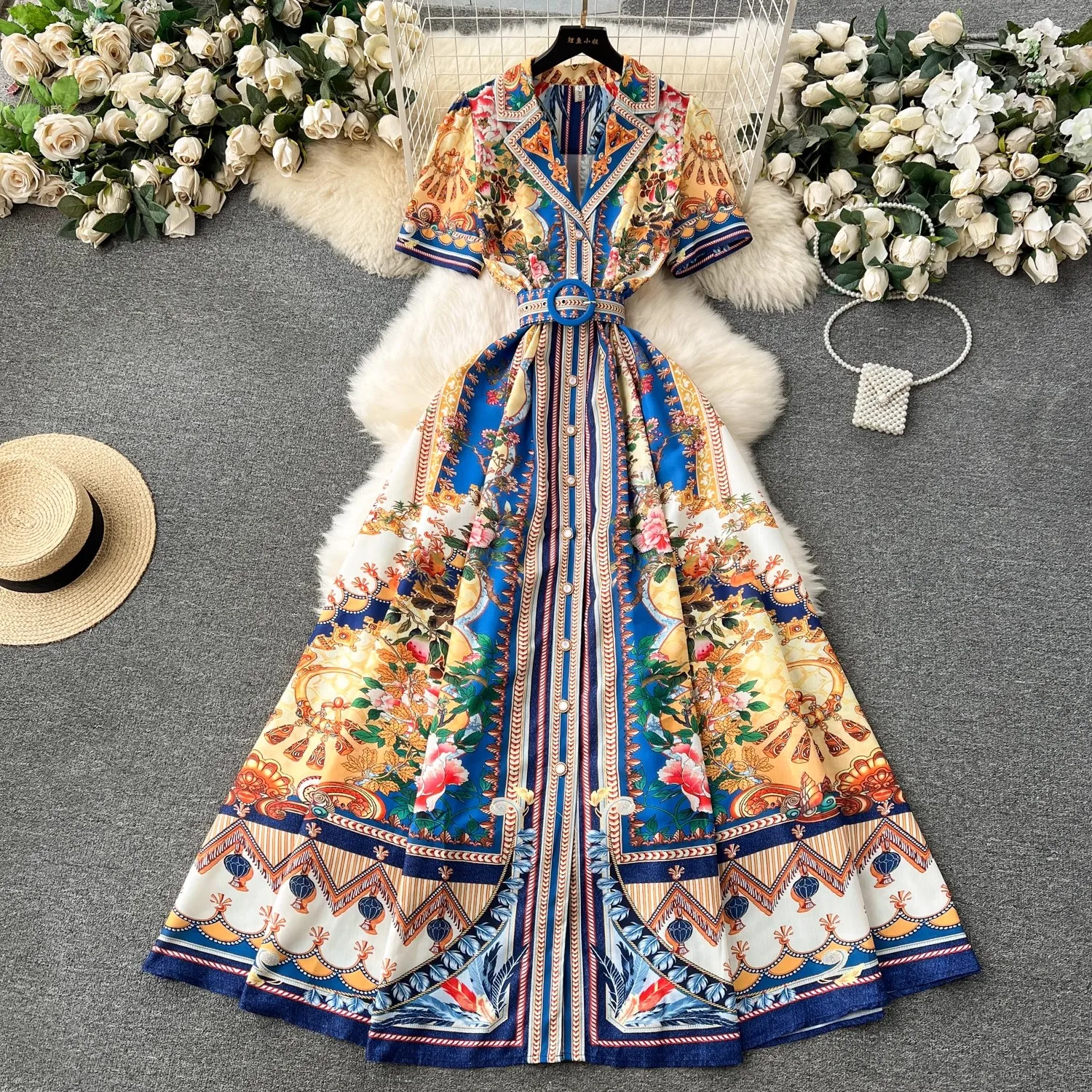 

Summer Vintage Notched Collar Runway Linen Dress Women Short Sleeve Single Breasted Floral Print Belt A-Line Maxi Vestidos 6355