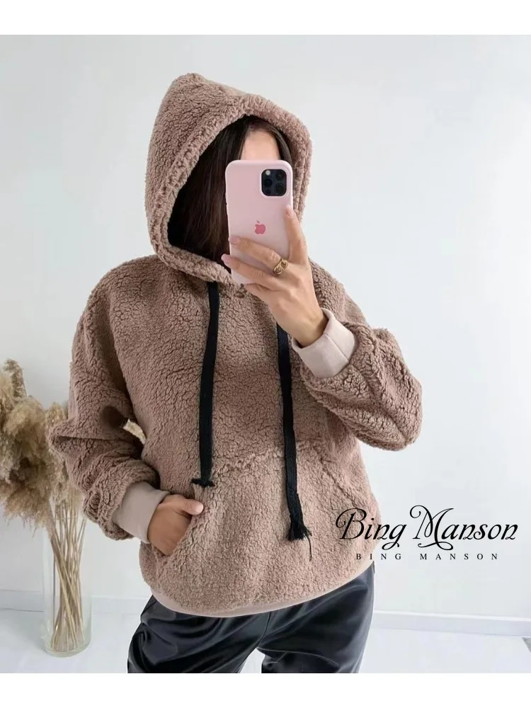 

Autumn Women's Casual Hooded Winter Loose Fluffy Women's Retro Solid Color Hooded Plush Thickened Sweater Warm Women's Pullover