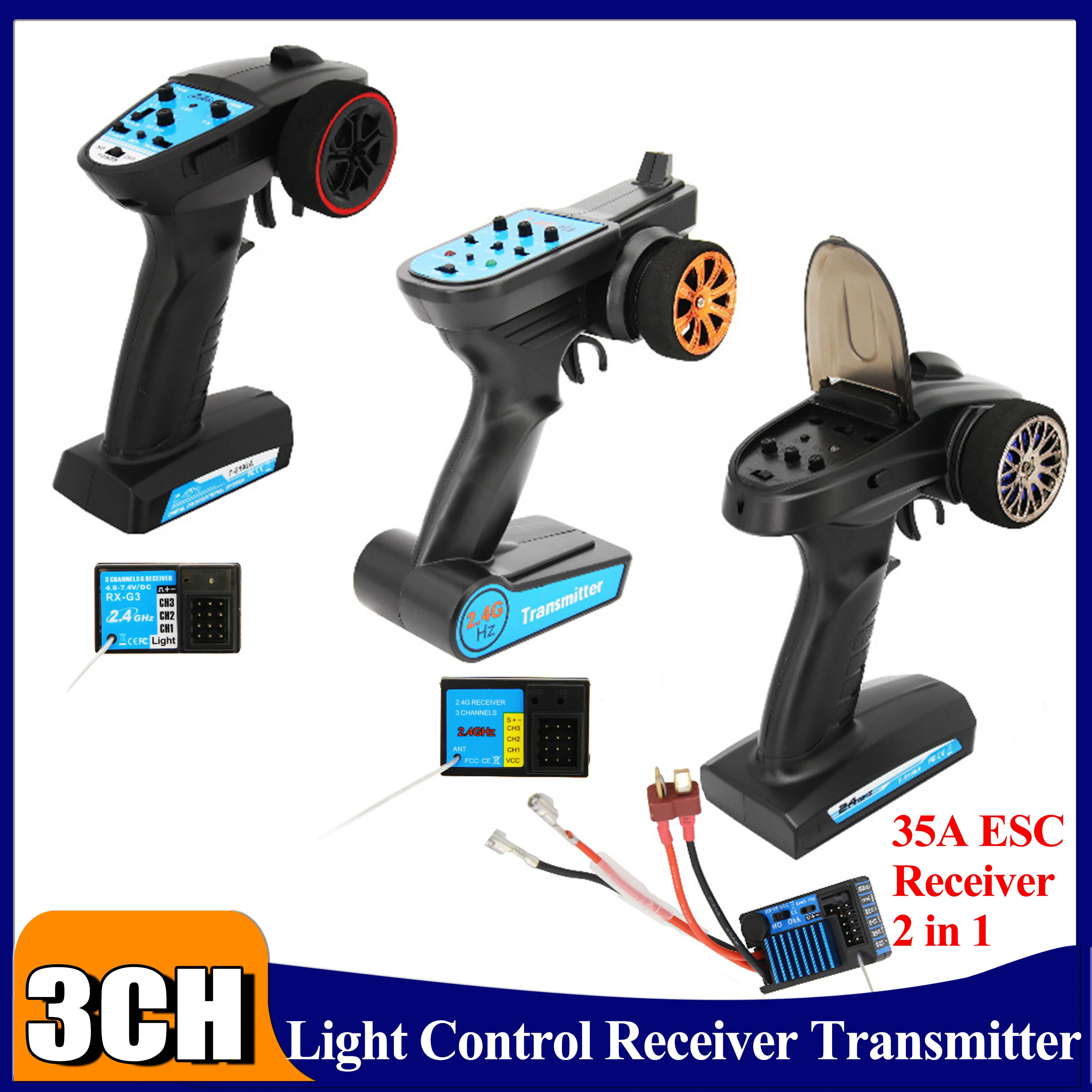 

3CH Transmitter 2.4G Radio Systems Digital 3 Channals Receiver Remote Controller 2-in-1 35A Set for RC Car Tank Boat Truck Model