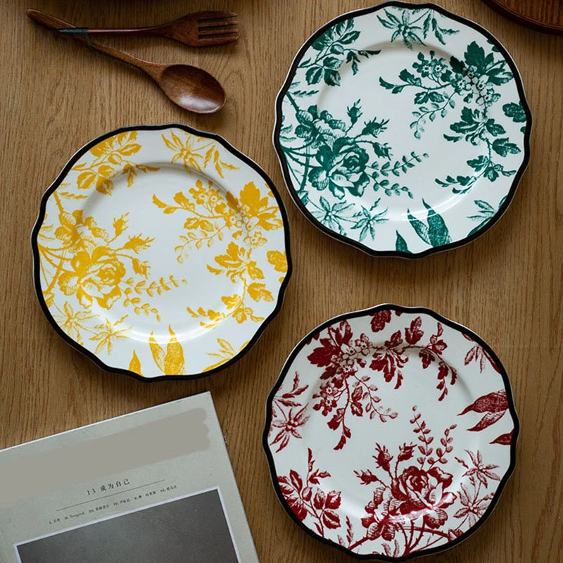 

European Style Ceramic Plate Vintage Luxuriant Flower Printing Western Food Dinner Plates Afternoon Tea Dessert Dishes Tableware