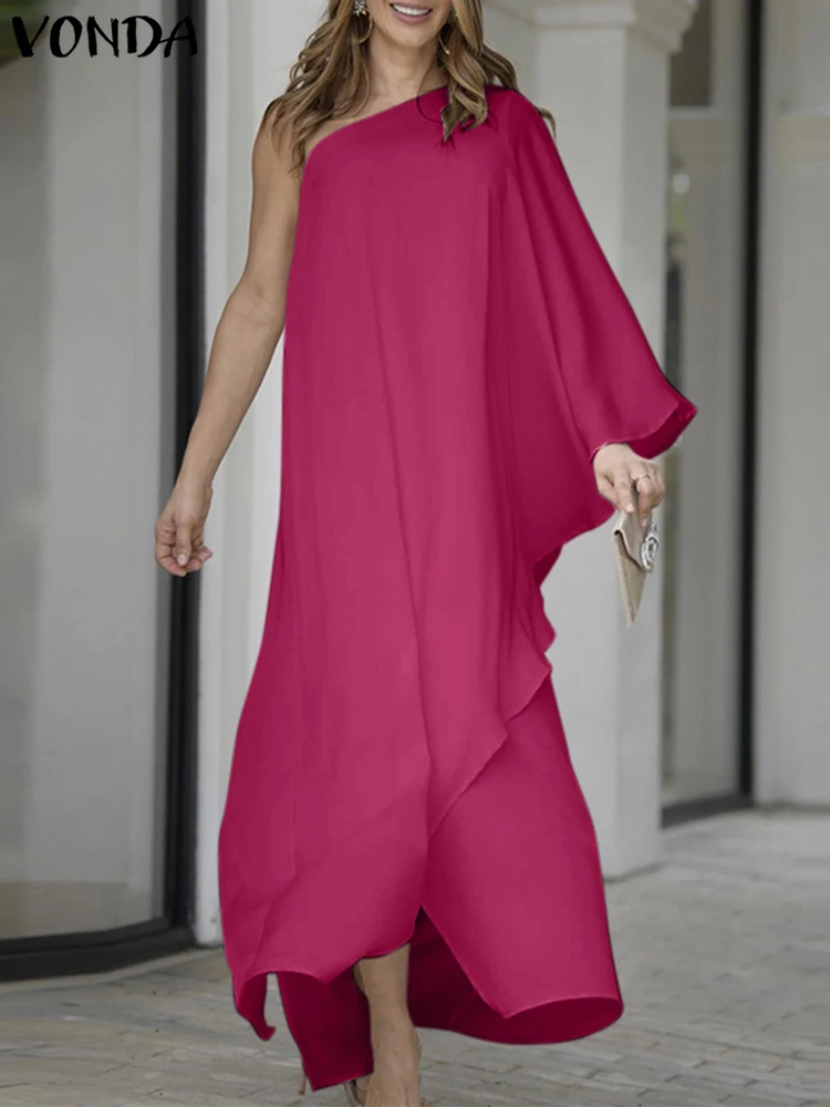 

Summer Sundress 2023 VONDA Sexy One Shoulder Maxi Dress Women Elegant Party Solid Skew Collar Asymmetrical Ruffled Long Robe