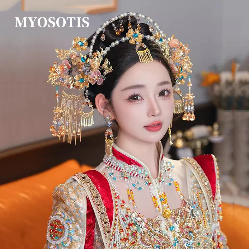 

Luxurious Crystal Handmade Saint Crown Ancient Costume Hanfu Headdress Chinese Traditional Wedding Xiuhe Bridal Aair Accessories