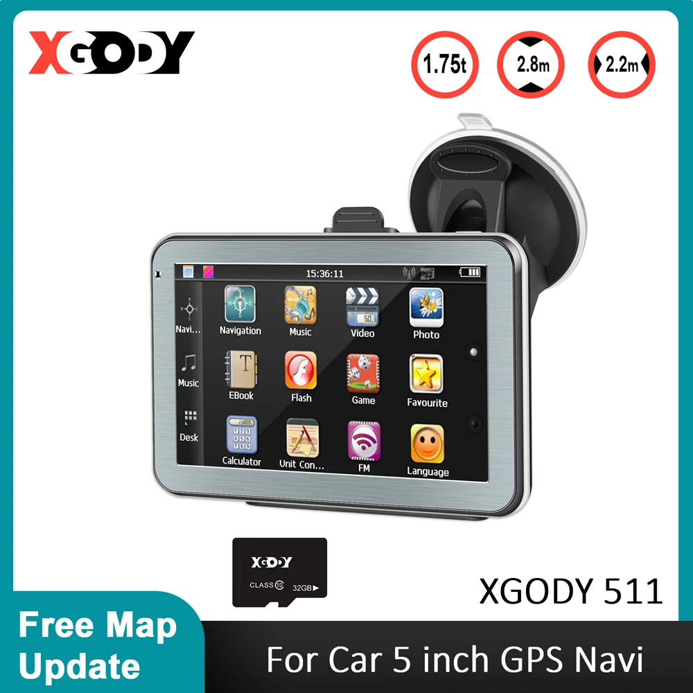 

XGODY 5 Inch Car GPS Navigation Truck GPS Navigator Moto Sunshade Sat Navi Navigators 256M+8G 2023 America Europe Russian Map